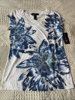 INC International Concepts White V-Neck Tee with Blue Floral Sequin Accent